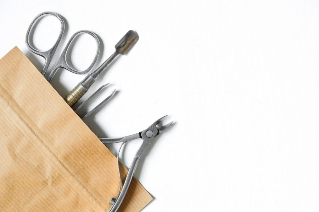 Pedicure,podologist.Tools for pedicure on a white background,foot care,treatment